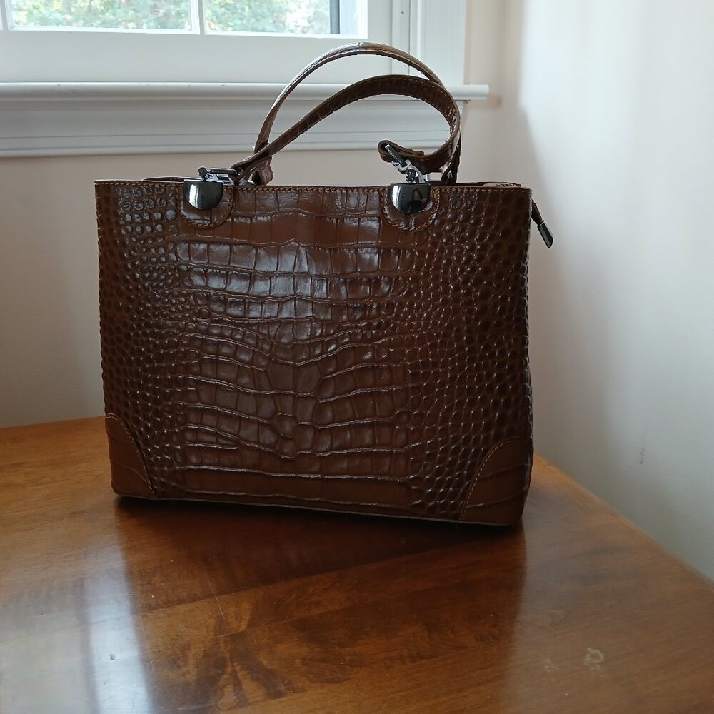 Divina Firenze Rina Chestnut Croc Embossed Leather Satchel